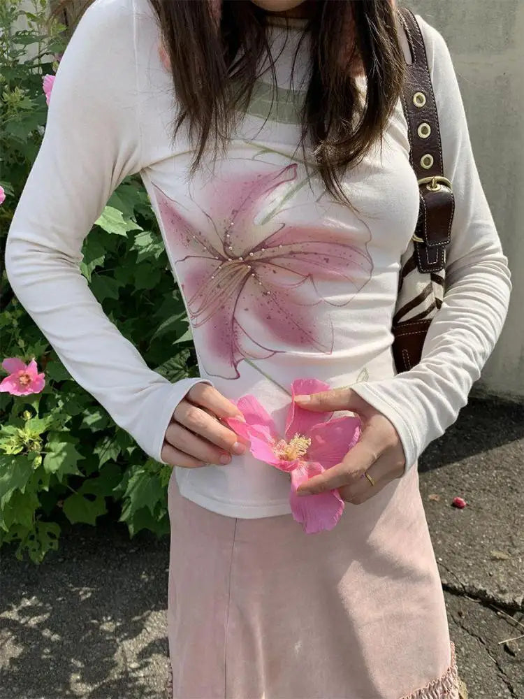 Y2K Fairycore Floral Graphic Slim Long Sleeve Top