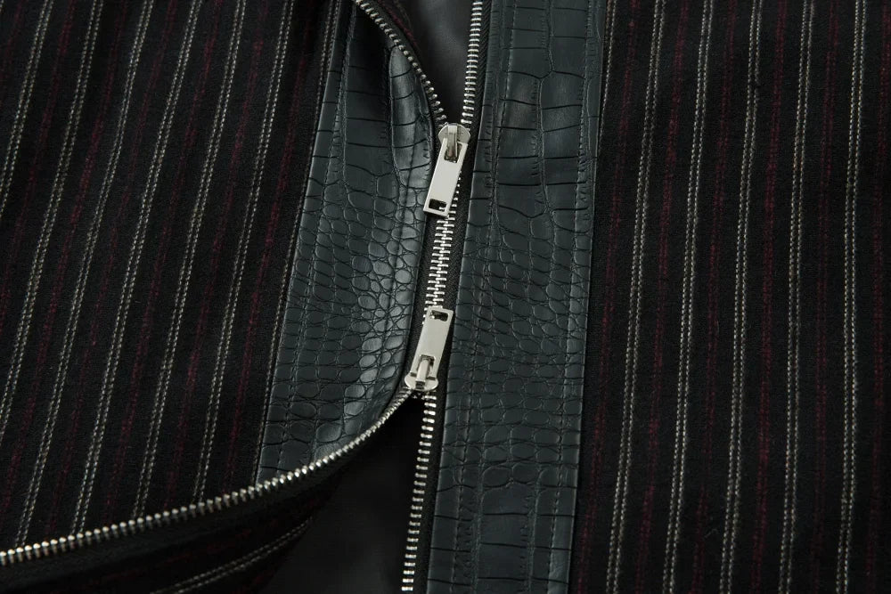 Y2K Faux Crocodile PU Leather Spliced Striped Zip Up Jacket