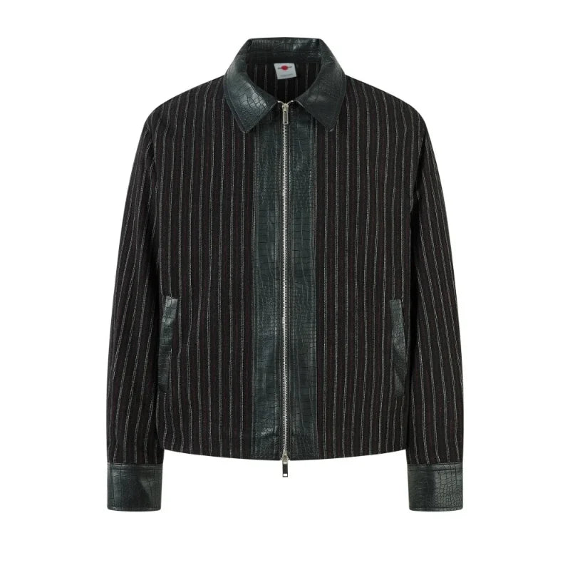 Y2K Faux Crocodile PU Leather Spliced Striped Zip Up Jacket