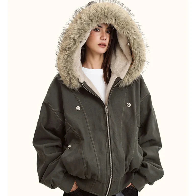 Y2K Faux Fur Collar Hooded Padded Parka Coat