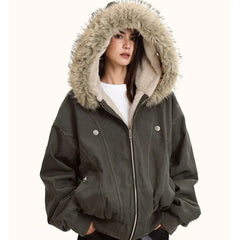 Y2K Faux Fur Collar Hooded Padded Parka Coat