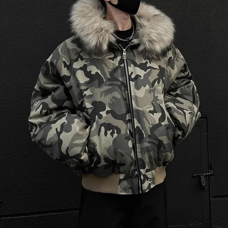 Y2K Faux Fur Lined Hood Arctic Camouflage Zip Up Jacket
