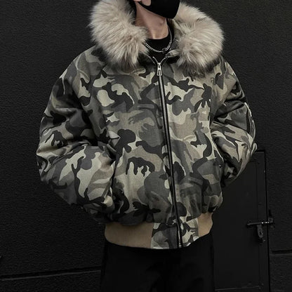 Y2K Faux Fur Lined Hood Arctic Camouflage Zip Up Jacket