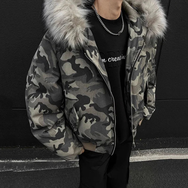 Y2K Faux Fur Lined Hood Arctic Camouflage Zip Up Jacket