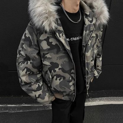 Y2K Faux Fur Lined Hood Arctic Camouflage Zip Up Jacket