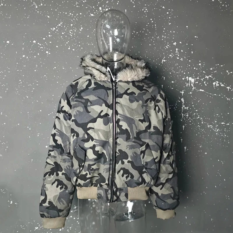 Y2K Faux Fur Lined Hood Arctic Camouflage Zip Up Jacket