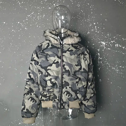 Y2K Faux Fur Lined Hood Arctic Camouflage Zip Up Jacket