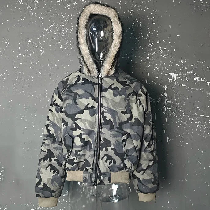 Y2K Faux Fur Lined Hood Arctic Camouflage Zip Up Jacket