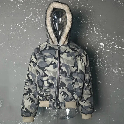 Y2K Faux Fur Lined Hood Arctic Camouflage Zip Up Jacket