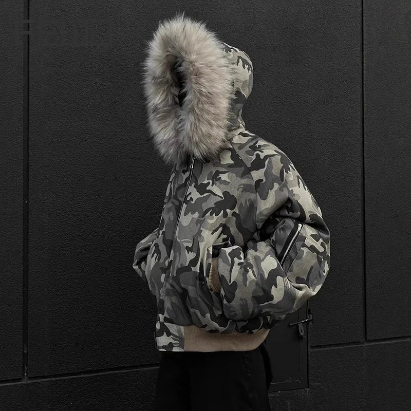 Y2K Faux Fur Lined Hood Arctic Camouflage Zip Up Jacket