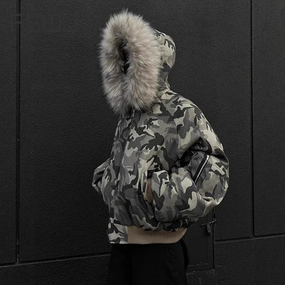 Y2K Faux Fur Lined Hood Arctic Camouflage Zip Up Jacket