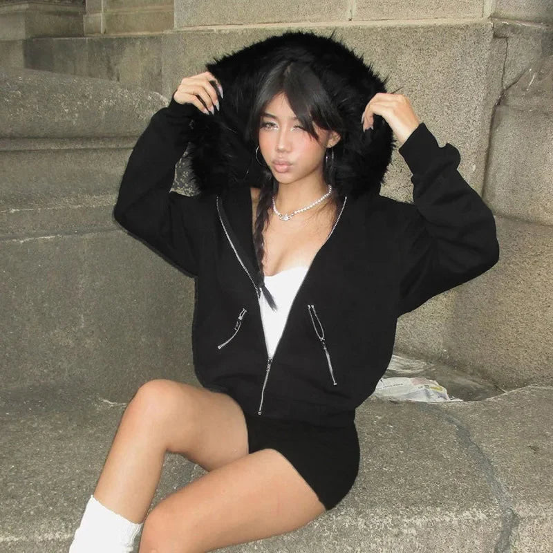 Y2K Faux Fur Lined Zip Up Hoodie