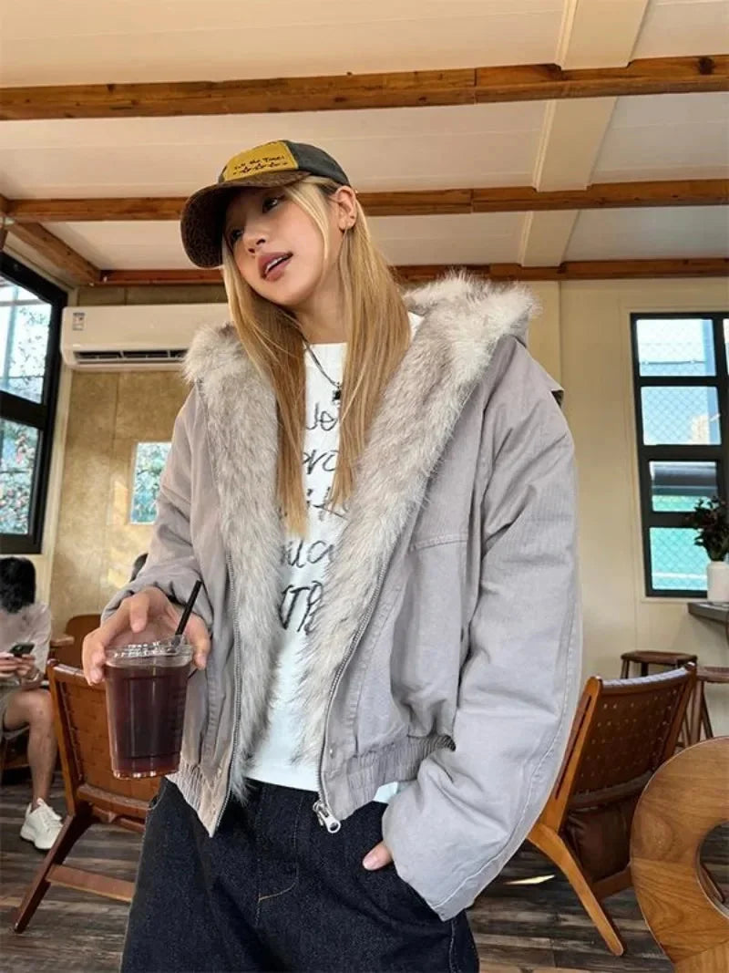 Y2K Faux Fur Outlined Hooded Zip Up Jacket Coat