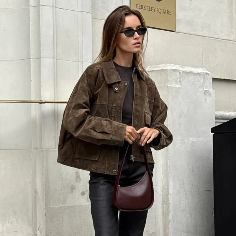 Y2K Faux Leather Zip Up Bomber Jacket
