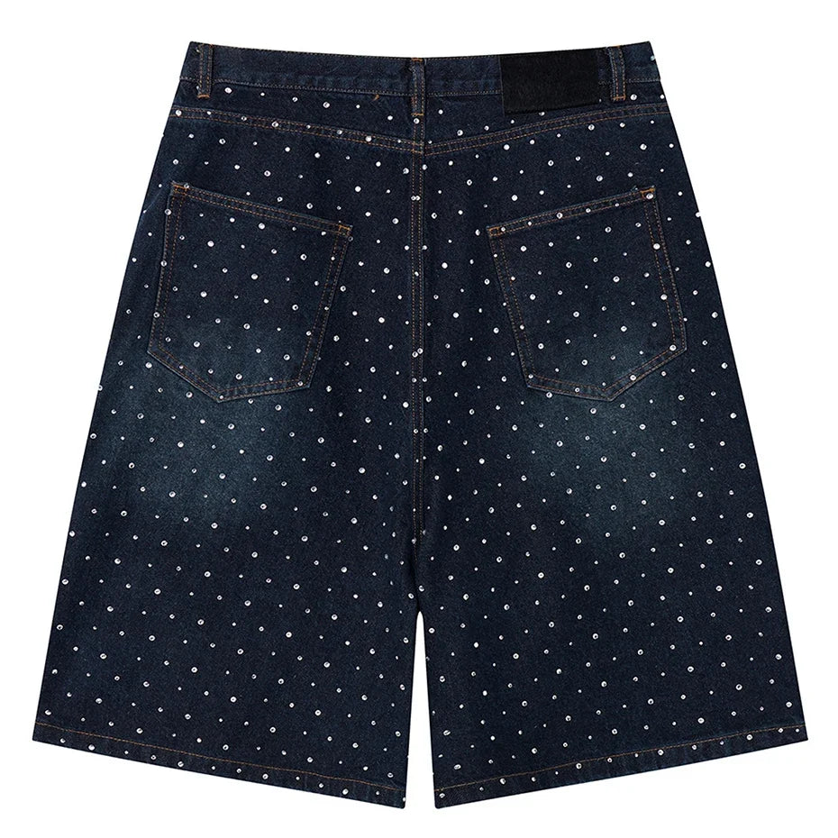 Y2K Faux Pearl and Rhinestone Denim Shorts Jorts