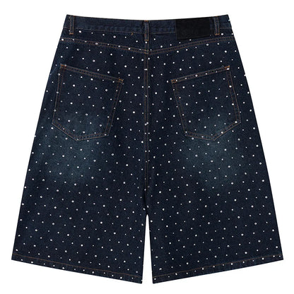 Y2K Faux Pearl and Rhinestone Denim Shorts Jorts