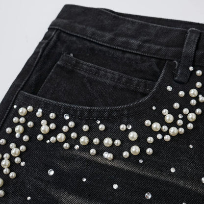 Y2K Faux Pearl and Rhinestone Denim Shorts Jorts