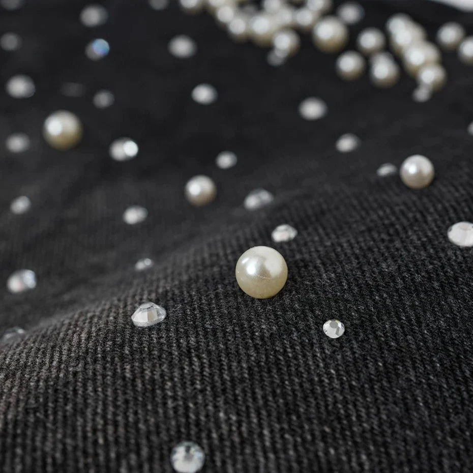 Y2K Faux Pearl and Rhinestone Denim Shorts Jorts
