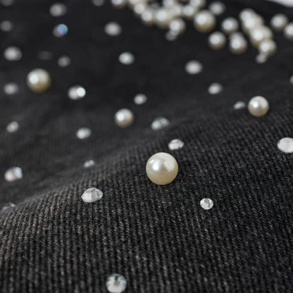 Y2K Faux Pearl and Rhinestone Denim Shorts Jorts