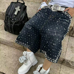 Y2K Faux Pearl and Rhinestone Denim Shorts Jorts