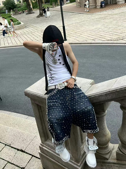 Y2K Faux Pearl and Rhinestone Denim Shorts Jorts
