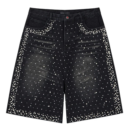 Y2K Faux Pearl and Rhinestone Denim Shorts Jorts