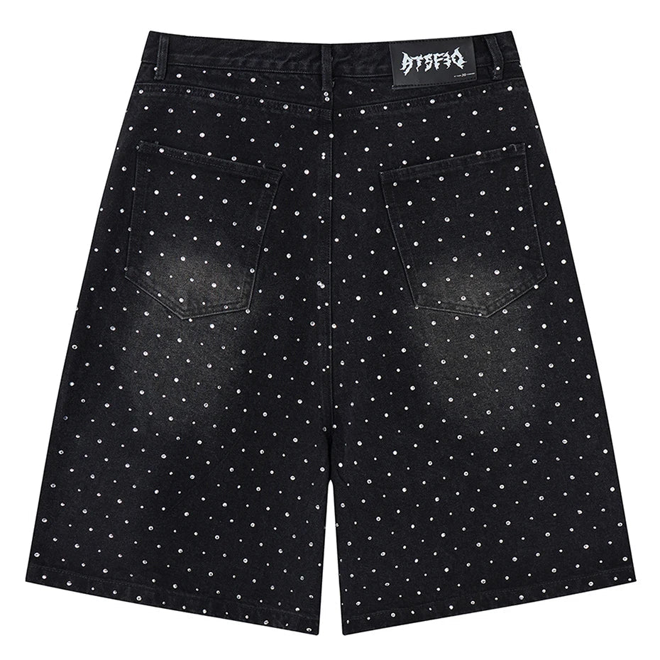 Y2K Faux Pearl and Rhinestone Denim Shorts Jorts