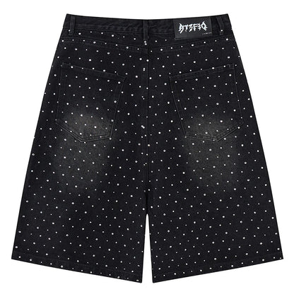 Y2K Faux Pearl and Rhinestone Denim Shorts Jorts