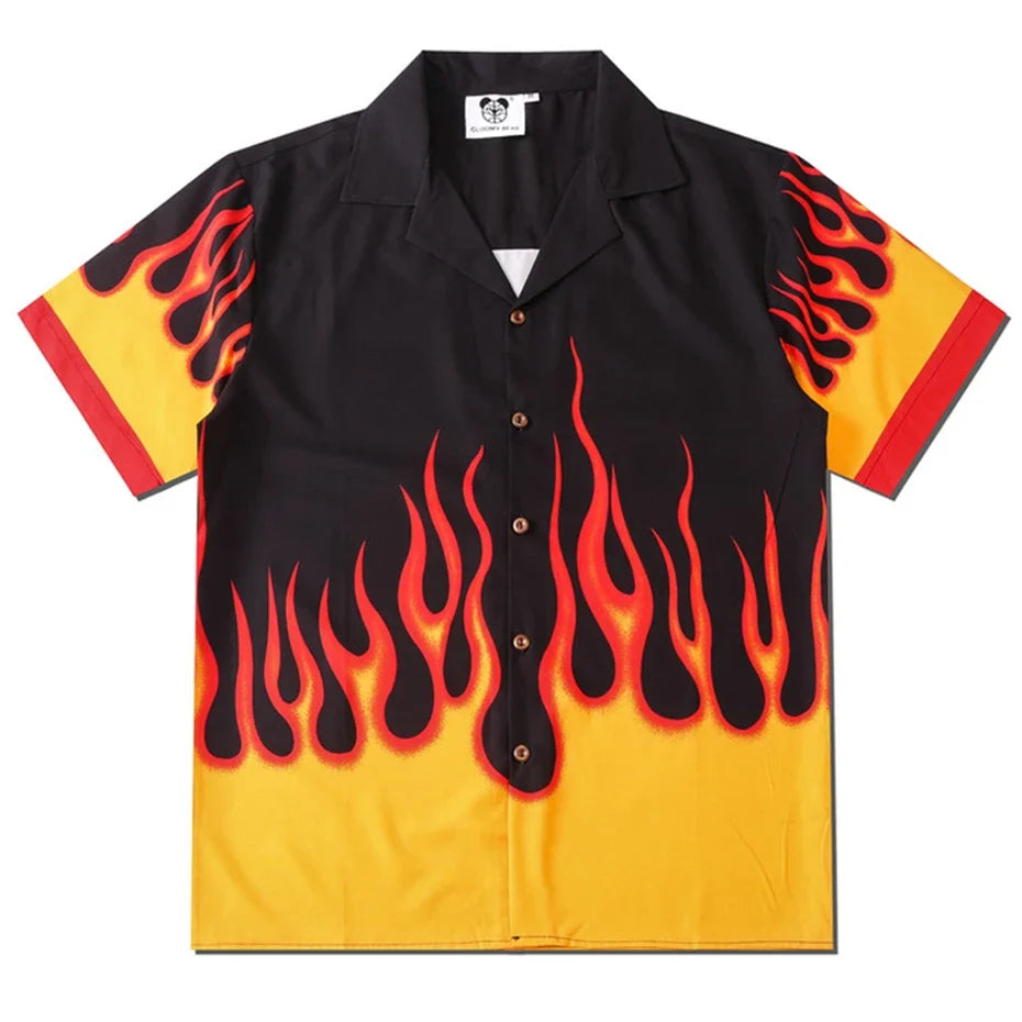 Y2K Fire Graphic Button Down Short Sleeve Shirt