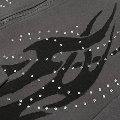 Y2K Fire Rhinestone Full Zip Up Hoodie