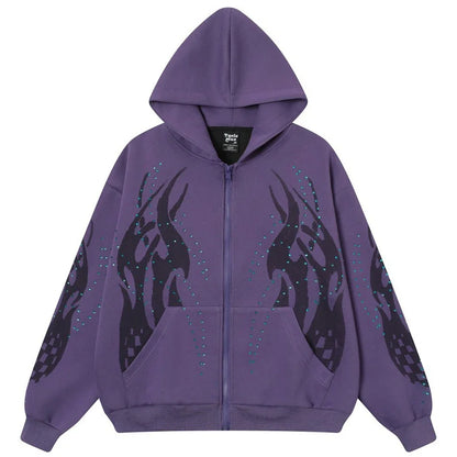 Y2K Fire Rhinestone Full Zip Up Hoodie
