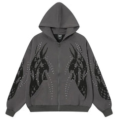 Y2K Fire Rhinestone Full Zip Up Hoodie