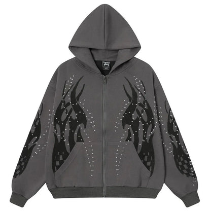Y2K Fire Rhinestone Full Zip Up Hoodie