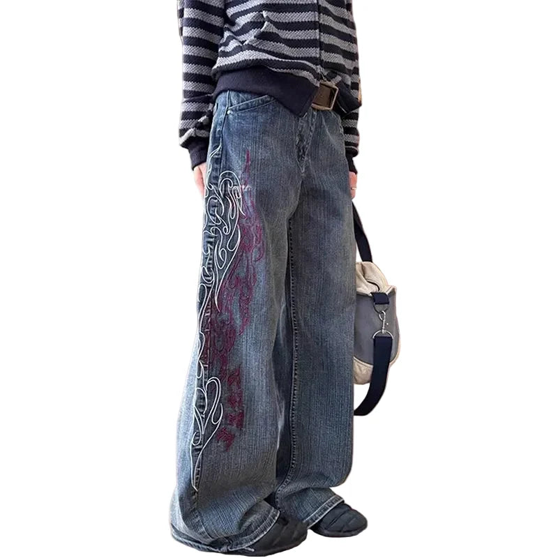 Y2K Flame Outline Baggy Embroidered Jeans