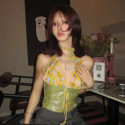 Y2K Floral Patchwork Backless Halter Top