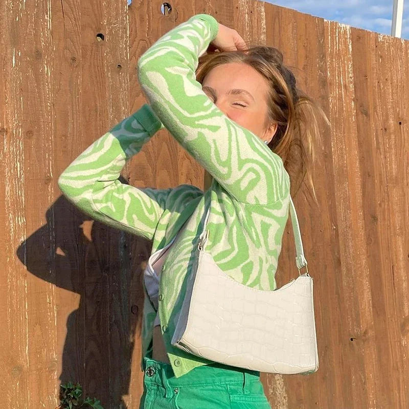Y2K Funky Green Purple Buttoned Cardigan Jumper