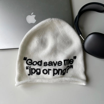 Y2K "God Save Me" Embroidered Text Graphic Beanie