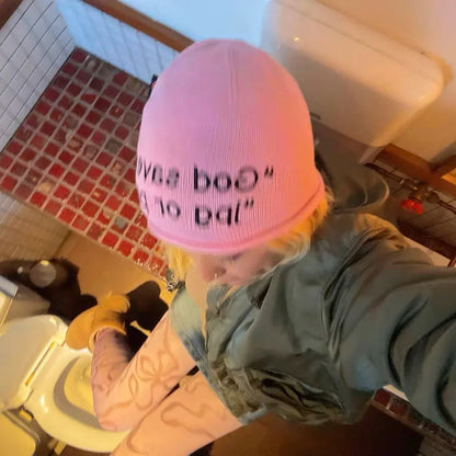 Y2K "God Save Me" Embroidered Text Graphic Beanie