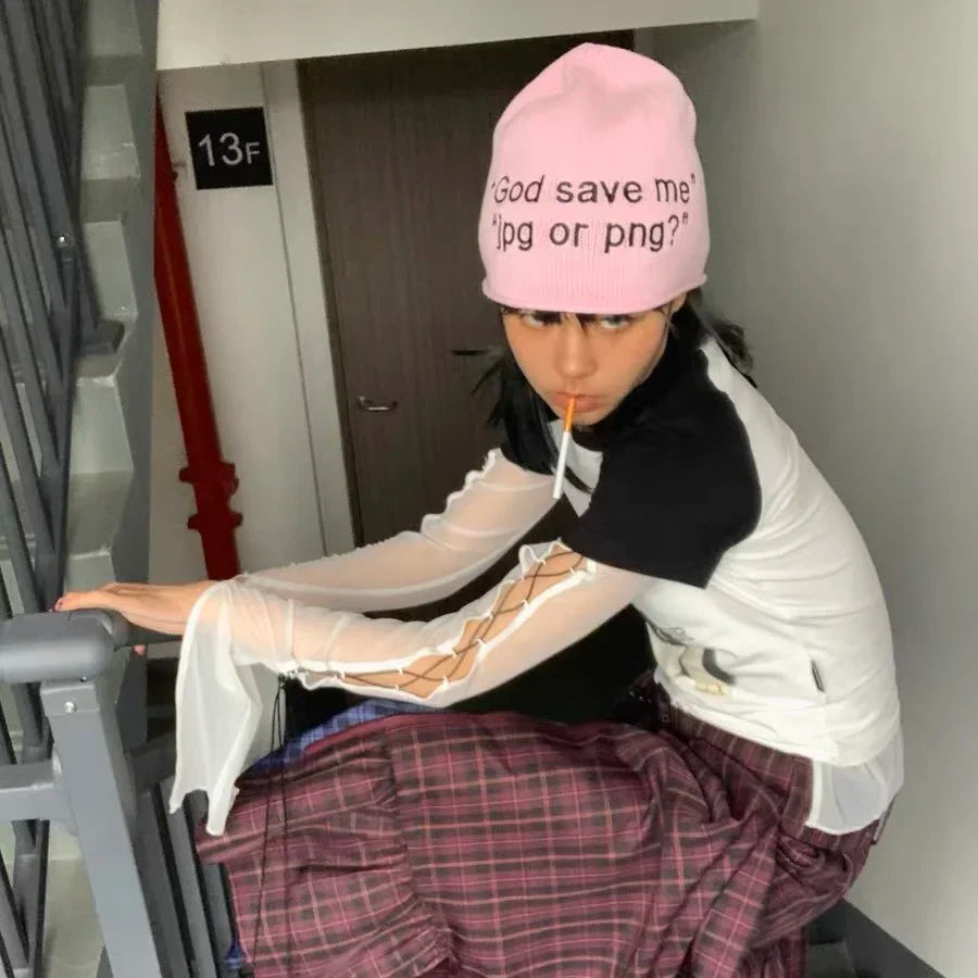 Y2K "God Save Me" Embroidered Text Graphic Beanie