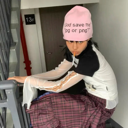 Y2K "God Save Me" Embroidered Text Graphic Beanie