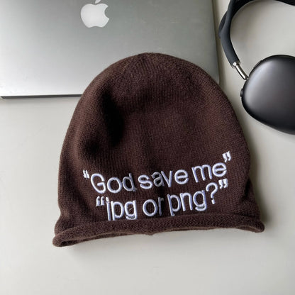 Y2K "God Save Me" Embroidered Text Graphic Beanie