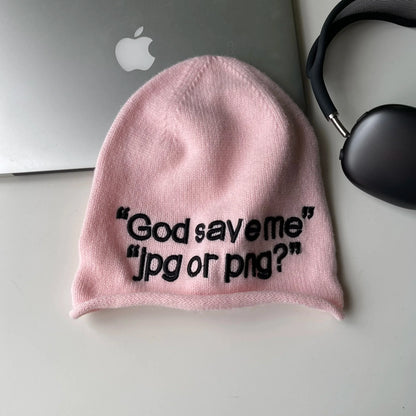 Y2K "God Save Me" Embroidered Text Graphic Beanie