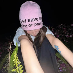 Y2K "God Save Me" Embroidered Text Graphic Beanie
