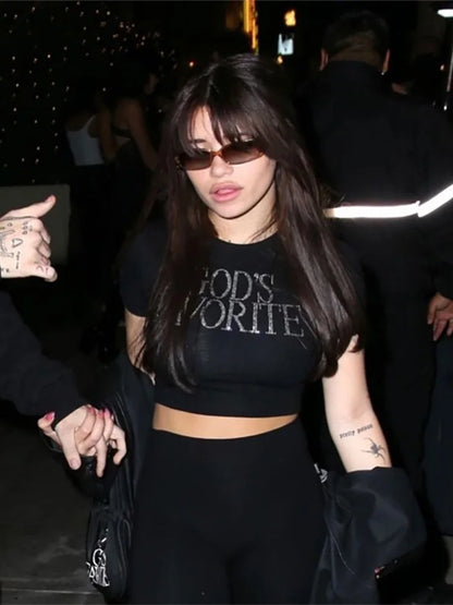Y2K God's Favorite Rhinestones Graphic Crop Top