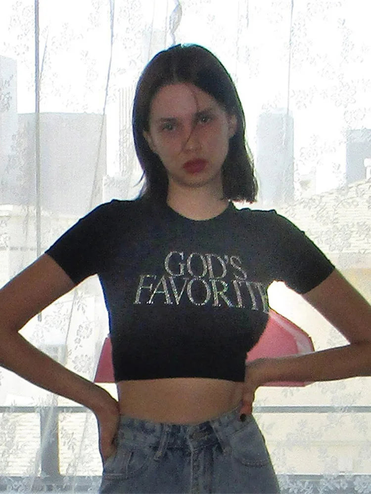Y2K God's Favorite Rhinestones Graphic Crop Top