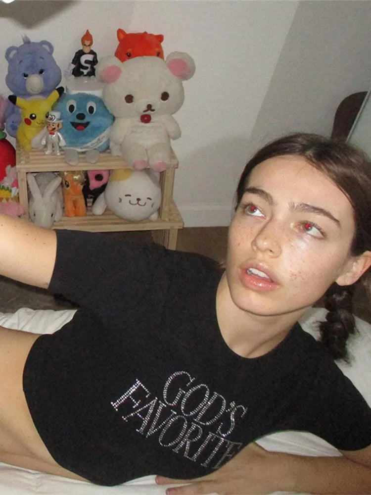 Y2K God's Favorite Rhinestones Graphic Crop Top