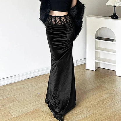 Y2K Gothic Black Trumpet Long Maxi Skirt