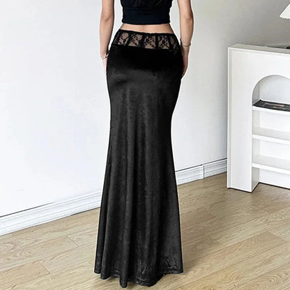 Y2K Gothic Black Trumpet Long Maxi Skirt