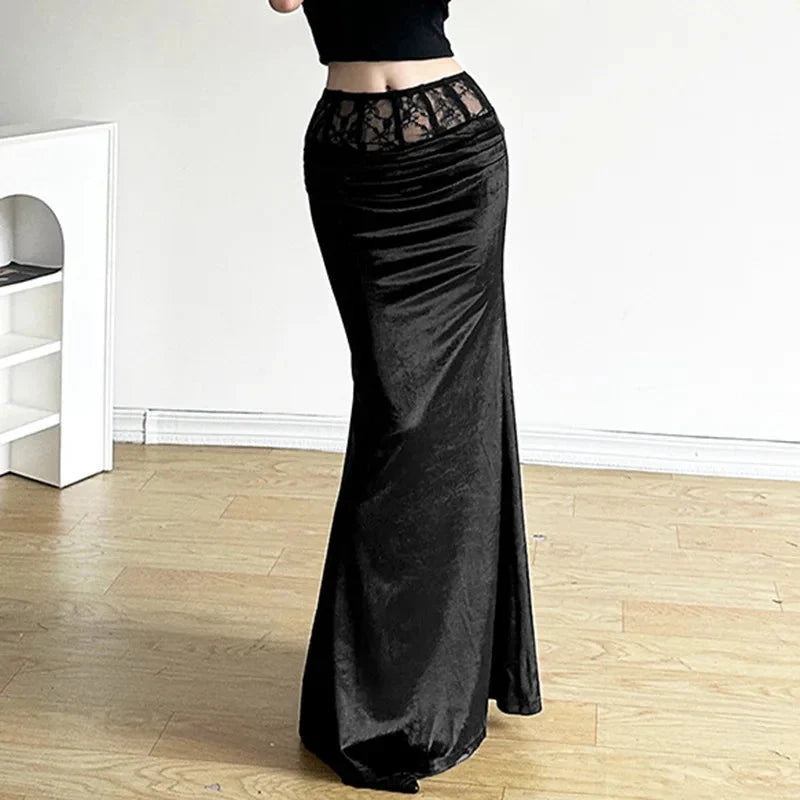 Y2K Gothic Black Trumpet Long Maxi Skirt