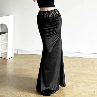 Y2K Gothic Black Trumpet Long Maxi Skirt
